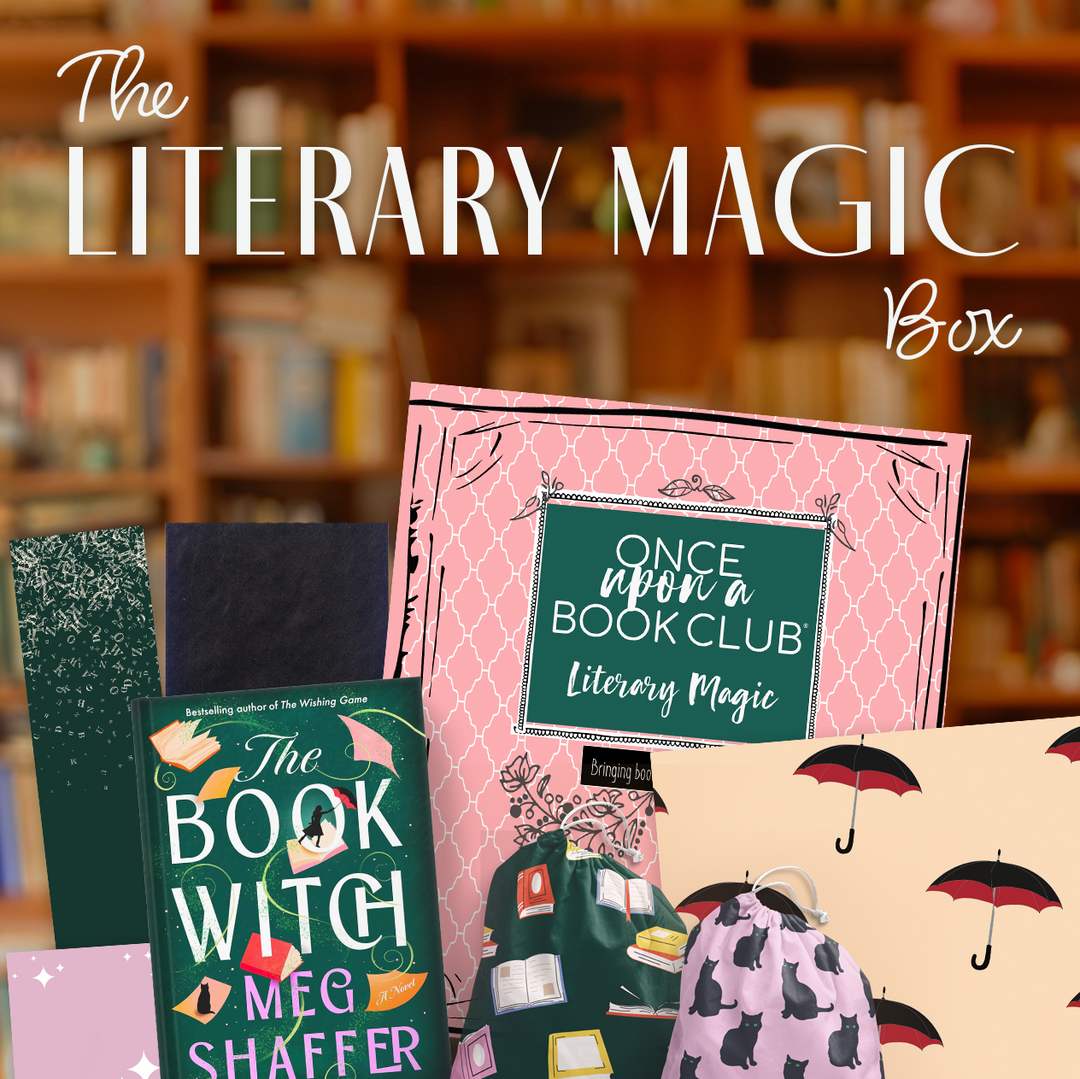 A light pink and forest green OUABC box surrounded by "The Book Witch" by Meg Shaffer plus six wrapped gifts labeled with page numbers to only be opened as you read!