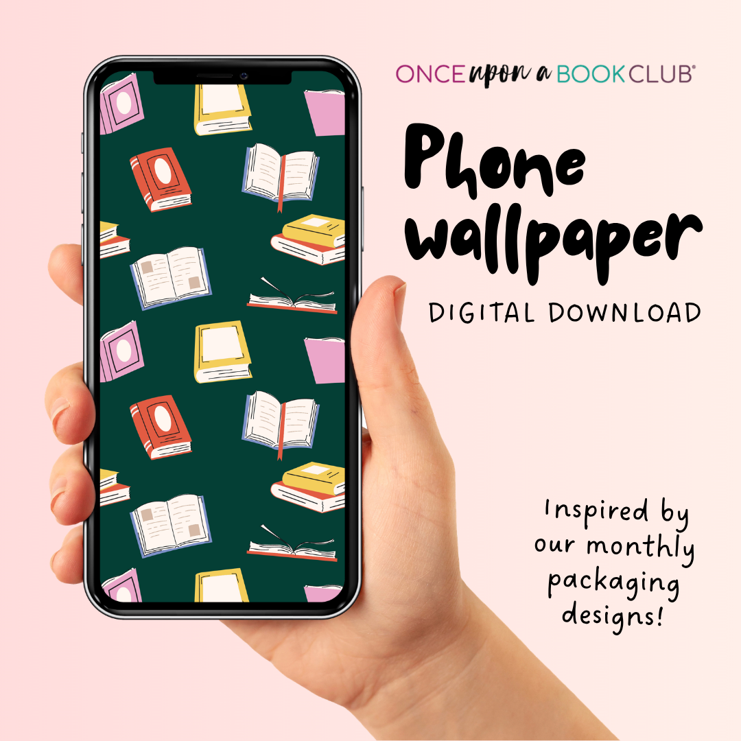 Phone with book-themed wallpaper held by a hand, promoting 'Once Upon a Book Club' digital download.