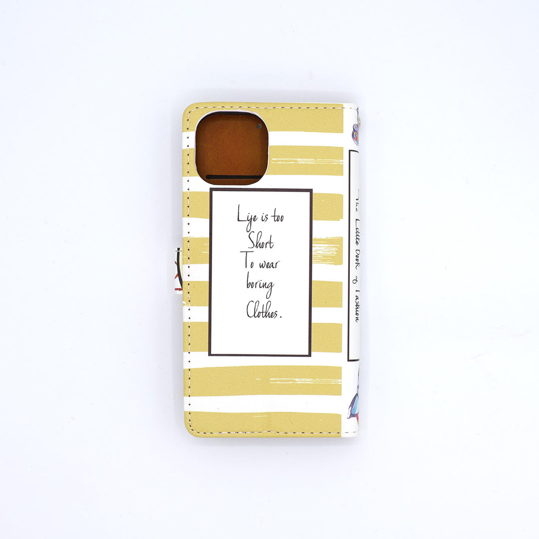 Phone case with yellow and white striped pattern and text on a white background