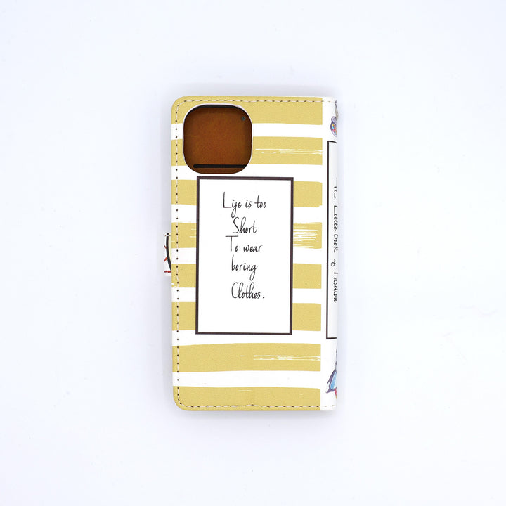Phone case with yellow and white striped pattern and text on a white background