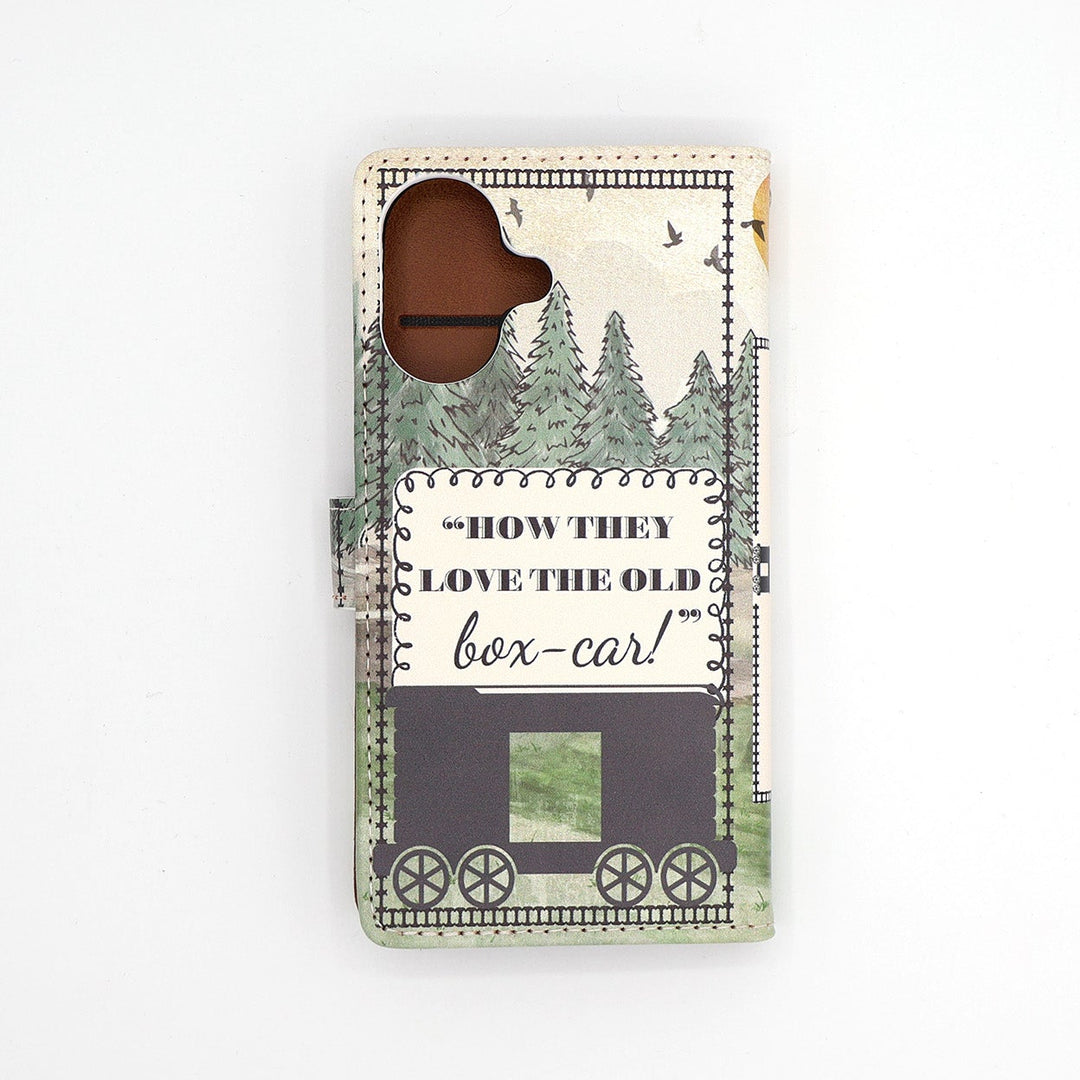 Phone case with vintage boxcar design and nature scene on a white background