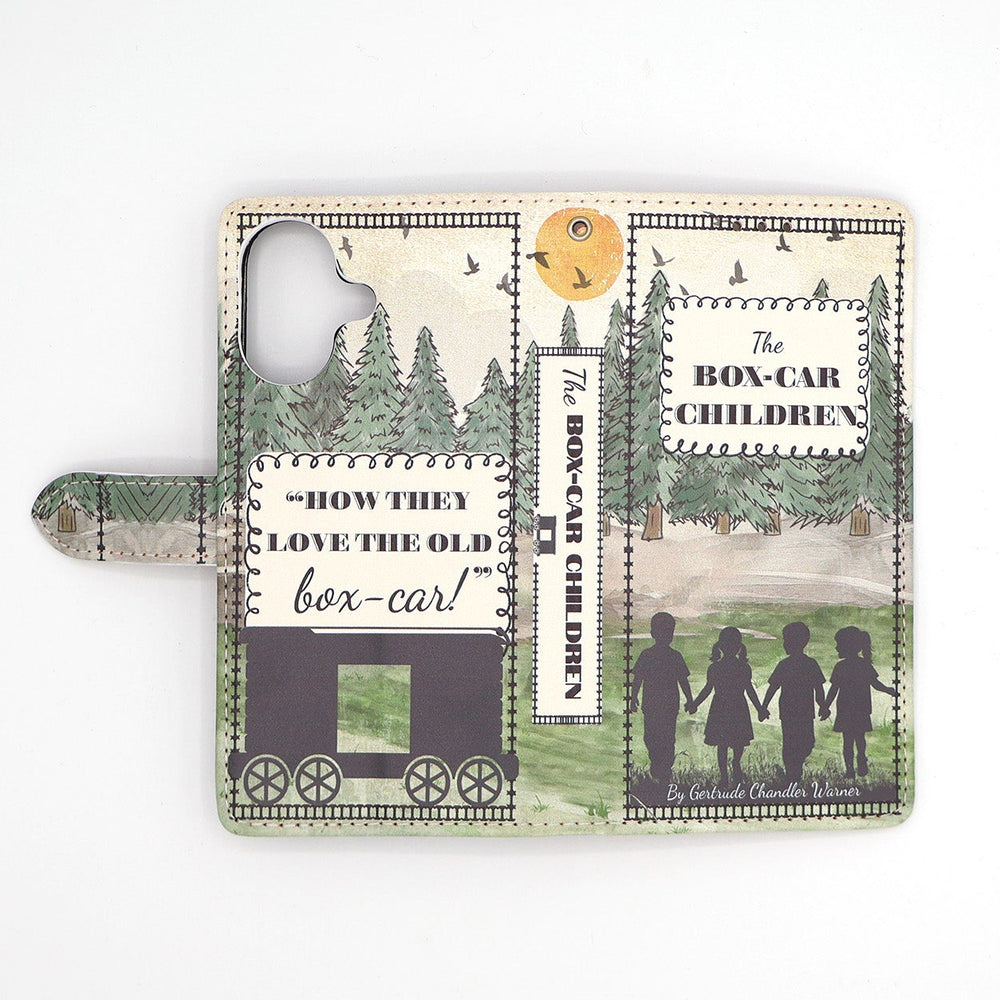 Phone case with 'The Boxcar Children' design on a white background