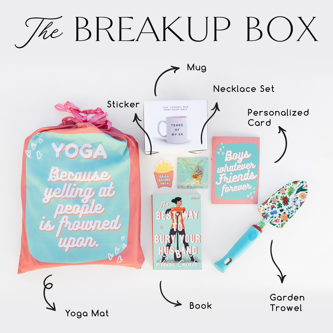 The Breakup Box: A copy of The Best Way to Bury Your Husband by Alexia Casale, a yoga mat, a sticker, a mug, a necklace set, a garden trowel, and a personalized card.