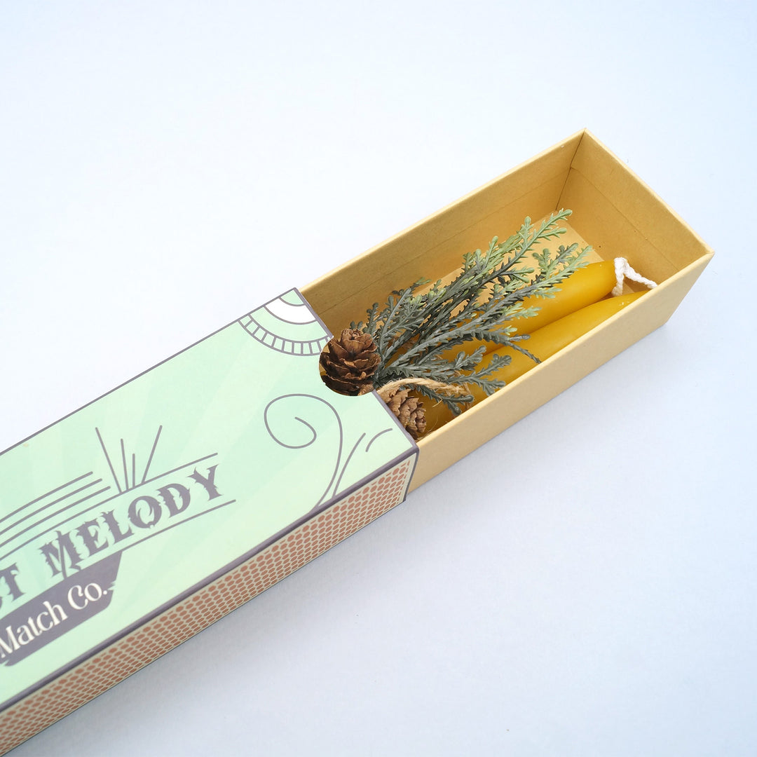 a pair of yellow beeswax taper candles tied together with a sprig of a plant and small pinecone in a box that is half-open