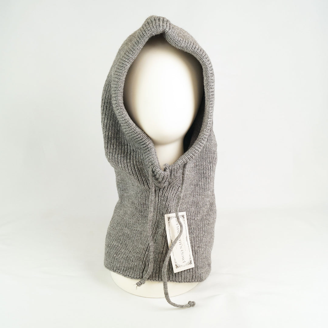 a gray knit hooded cowl