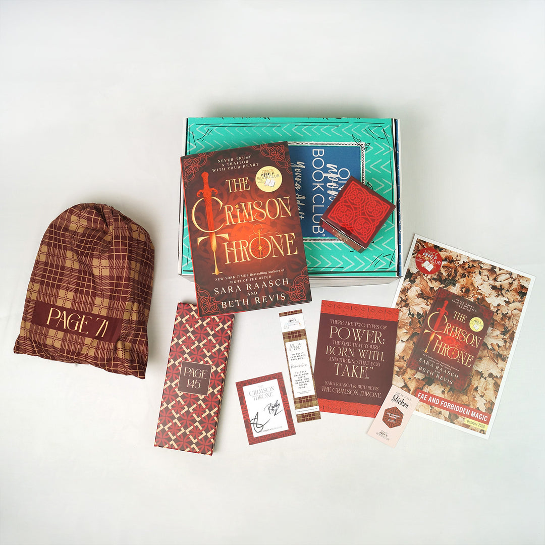 A hardcover copy of The Crimson Throne by Sara Raash & Beth Revis surrounded by wrapped gifts labeled with page numbers and paper items.