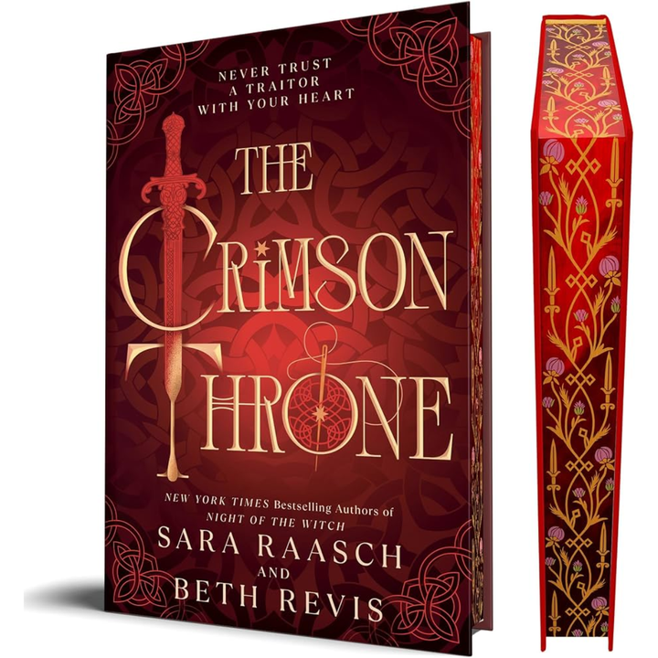 Book cover of The Crimson Throne by Sara Raasch and Beth Revis showcasing the stenciled page edge design.