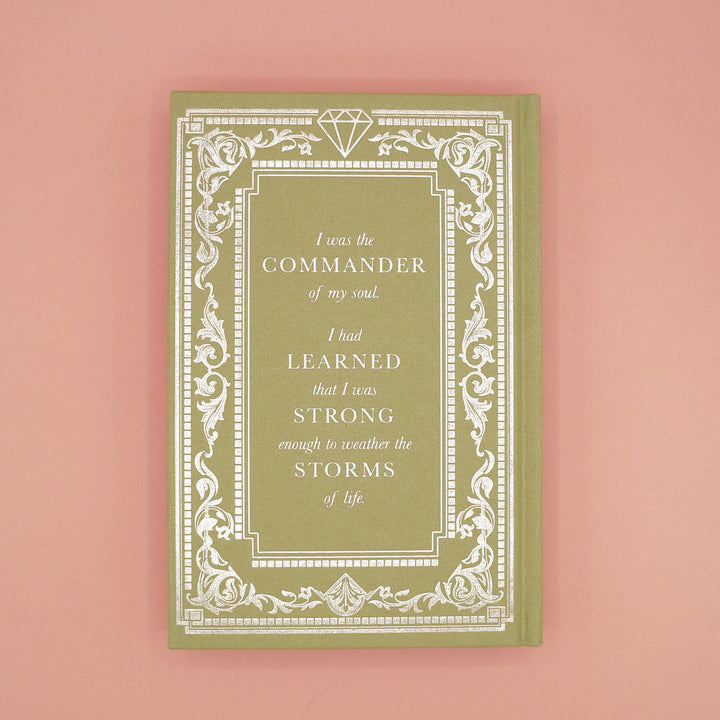 The back of the custom, exclusive edition of The Diamond of London by Andrea Penrose designed by Once Upon a Book Club. The hard case is a light green with silver foiling in a classic style. The quote on the back reads "I was the commander of my soul. I had learned I was strong enough to weather the storms of life."