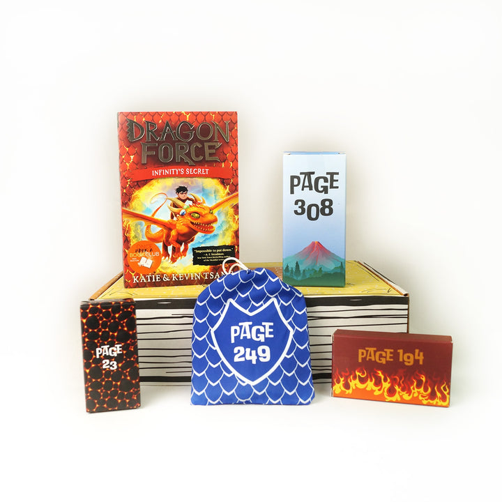 A paperback copy of Dragon Force: Infinity's Secret by Katie & Kevin Tsang surrounded by wrapped gifts labeled with page numbers.