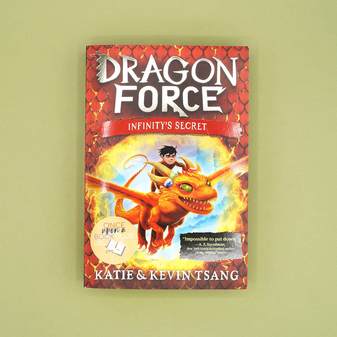 Book titled 'Dragon Force: Infinity's Secret' by Katie & Kevin Tsang on a green background