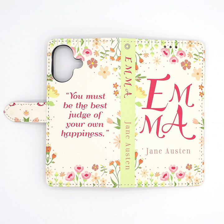 Phone case inspired by Emma by Jane Austen with floral design and text on a white background