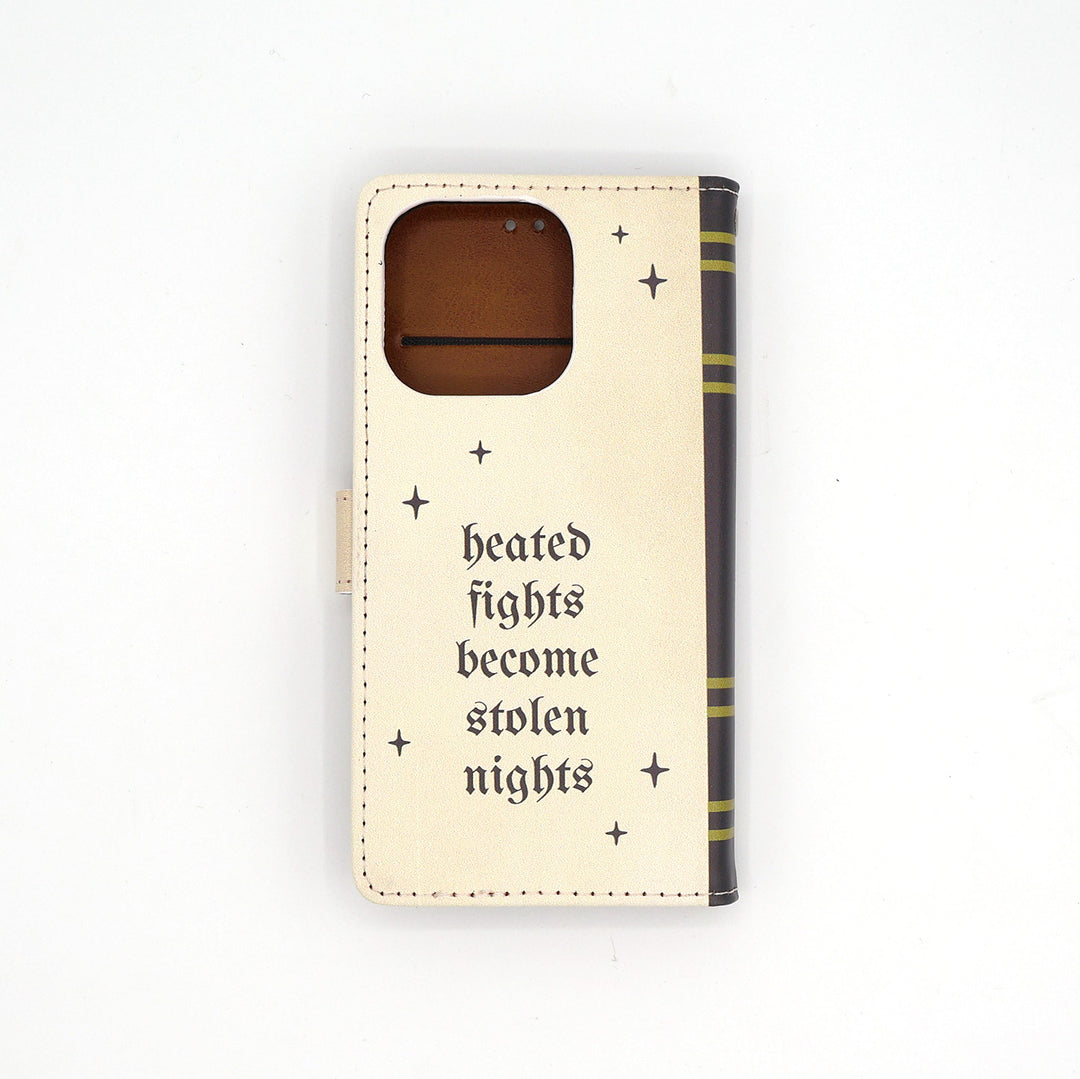 Phone case with text 'heated fights become stolen nights' on a white background