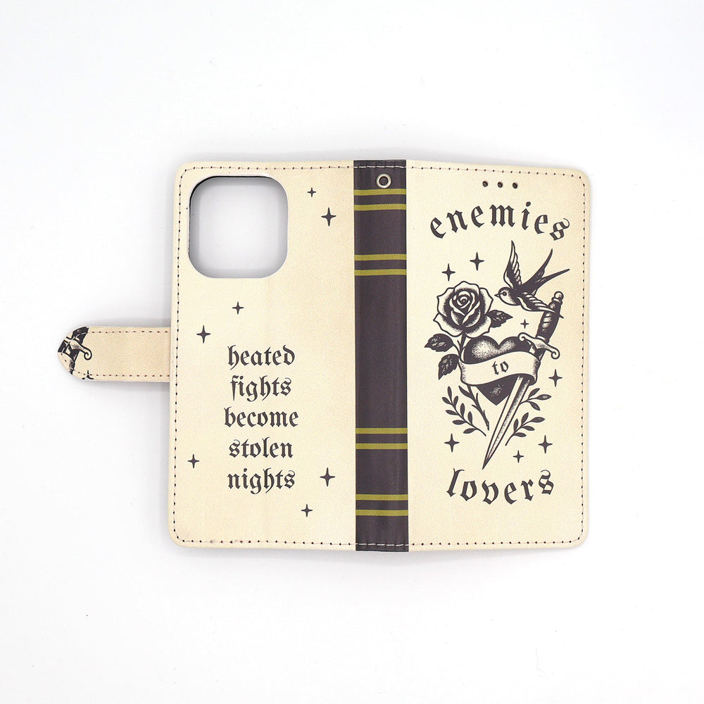 Phone case with tattoo-style enemies to lovers design and text on a white background