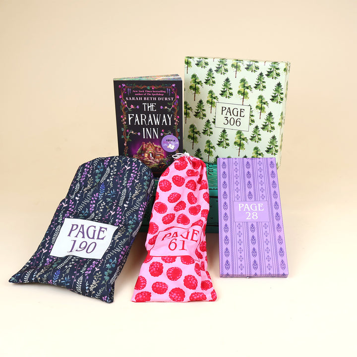 A paperback edition of The Faraway Inn stands on a green OUABC box next to a wrapped gift labeled with a page number. In front of the box are three more themed wrapped gifts labeled with page numbers.