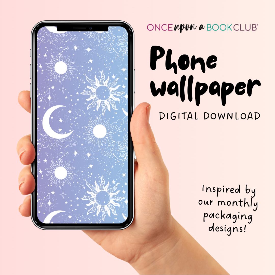 Hand holding a phone with celestial wallpaper design, promoting a digital download from Once Upon a Book Club.