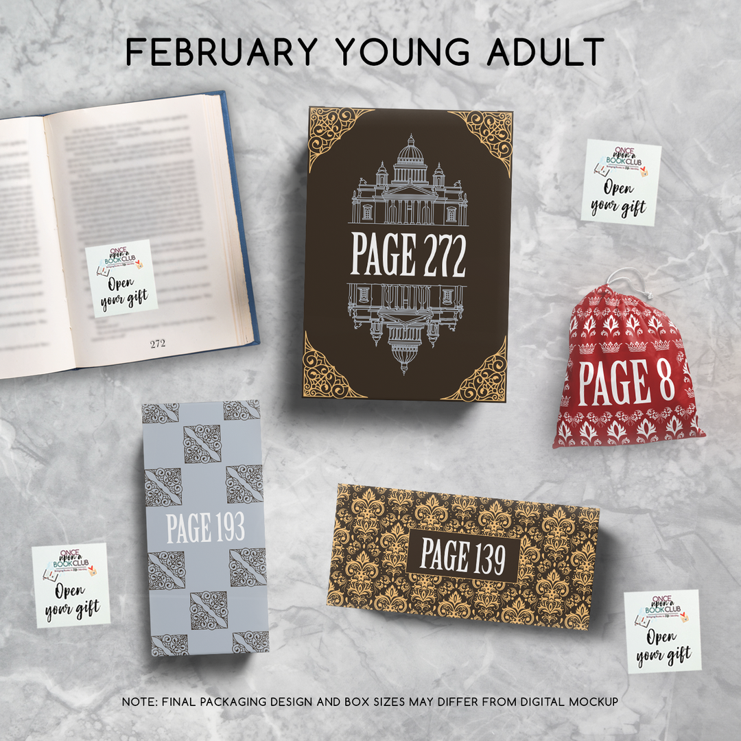 February Young Adult Once Upon a Book Club gifts are designed in aesthetic packaging colors and patterns to match the book cover/theme of the novel. Each gift is labeled with a page number, signifying when the gift is described within the story.