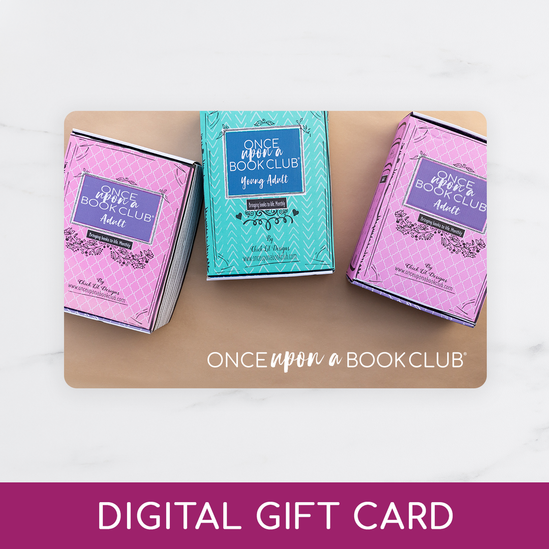A 'Once Upon a Book Club' gift card on a white surface with a visible brand name.