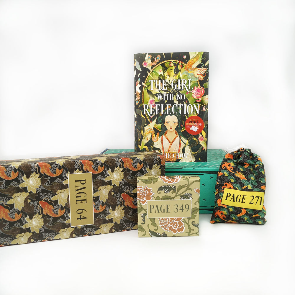 A green Once Upon a Book Club box lays under a hardcover edition of "The Girl With No Reflection" by Keshe Chow. Three wrapped gifts labeled with page numbers lay on the white background beneath the box in coordinating packaging.