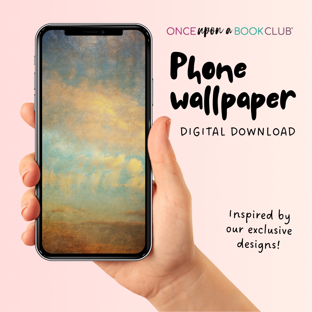 Hand holding a phone displaying a scenic wallpaper with 'Once Upon a Book Club' branding.