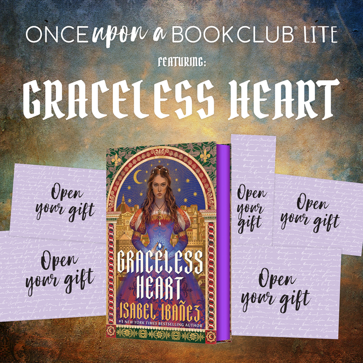 Book titled 'Graceless Heart' by Isabel Ibanez surrounded by "Open Your Gift" envelopes on a textured background.