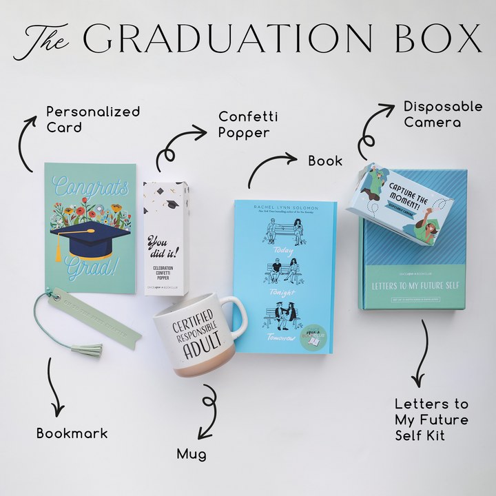 The Graduation Box: A copy of Today Tonight Tomorrow by Rachel Lynn Solomon, a personalized card, a confetti popper, a disposable camera, a bookmark, a mug, and a letter to my future self kit.