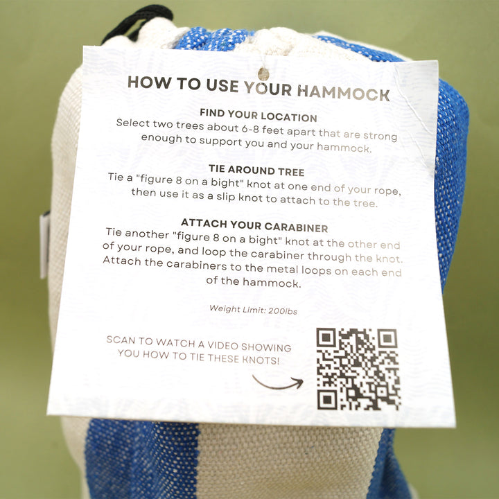 a close up of the instruction card of how to use your hammock.