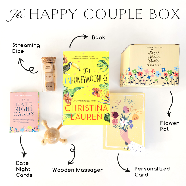 The Happy Couple Box: A copy of The Unhoneymooners by Christina Lauren, a 'Love Grows Here' Flower Pot, a set of streaming dice, date night scratch-off cards, a wooden massager, and a personalized card.