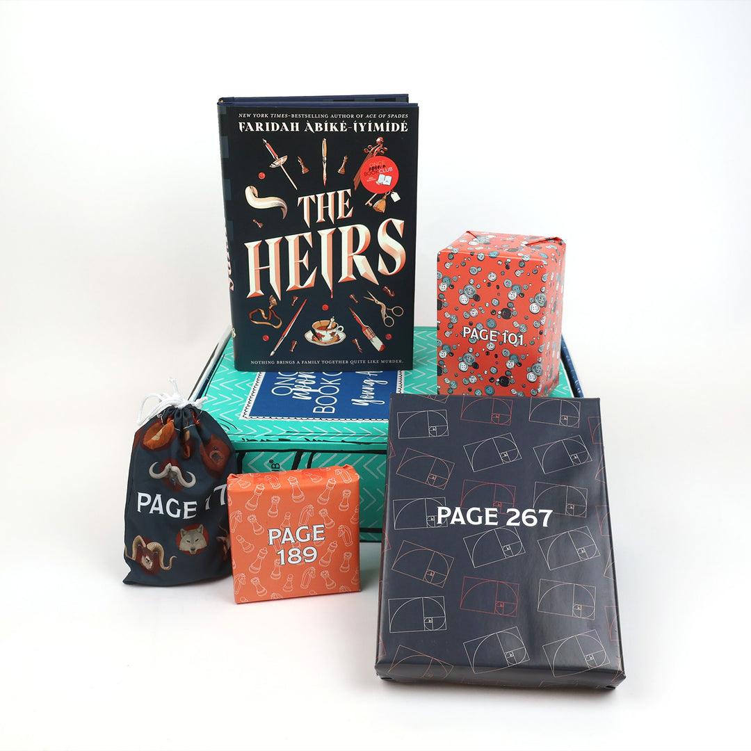 A hardcover edition of The Heirs by Faridah Àbíké-Íyímídé stands on a green OUABC box next to a wrapped gift labeled Page 101. In front of the box are three more themed wrapped gifts labeled with page numbers.