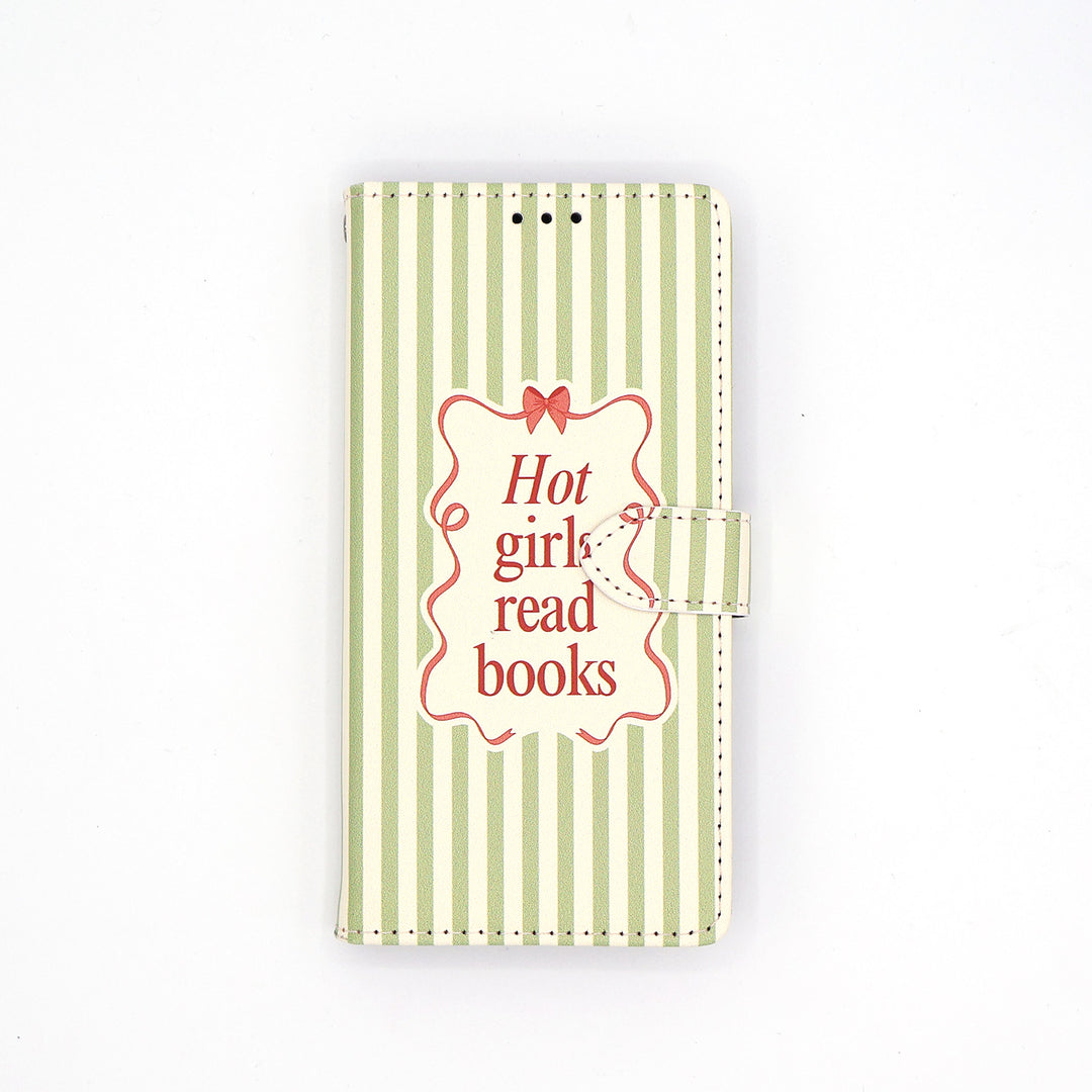 Notebook with green striped cover and 'Hot girls read books' text on a white background