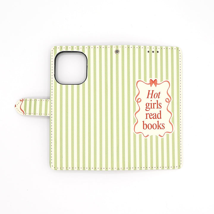 Phone case with green and white striped pattern and 'Hot girls read books' text on a white background