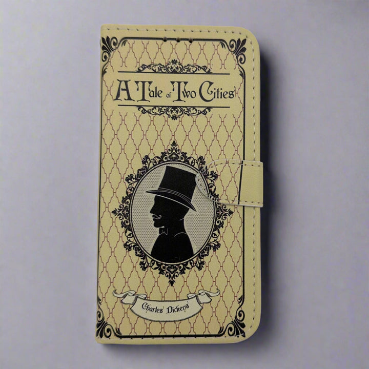 The front of a book shaped phone case inspired by A Tale of Two Cities by Charles Dickens.