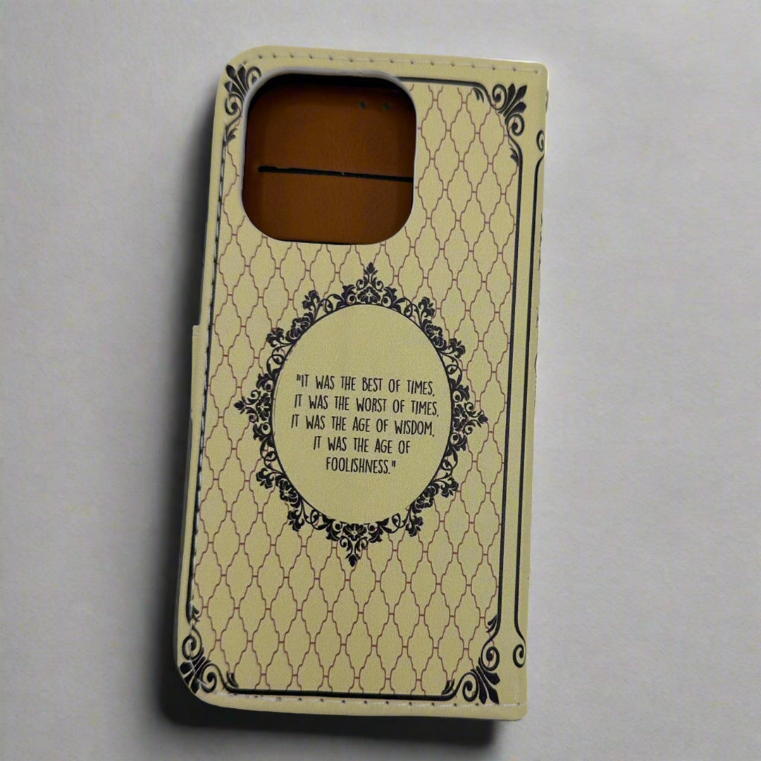 The back of a book shaped phone case inspired by A Tale of Two Cities by Charles Dickens.