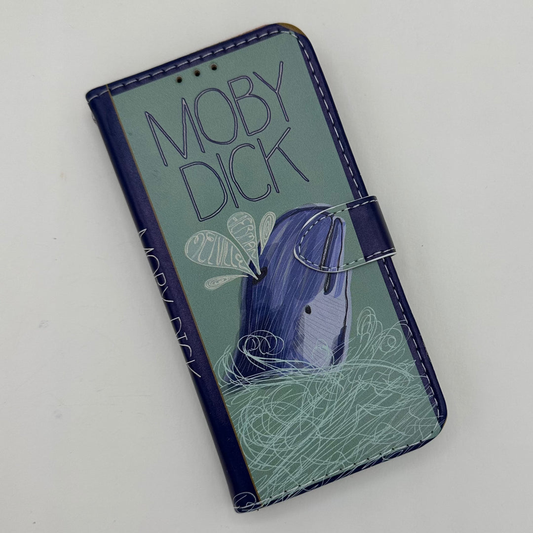 The front cover of a book-shaped phone case inspired by Moby Dick by Herman Melville.