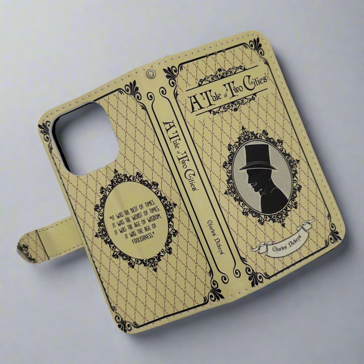 The front and back of a book shaped phone case inspired by A Tale of Two Cities by Charles Dickens.