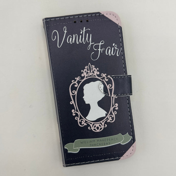 The front cover of a book-shaped phone case inspired by Vanity Fair by William Makepeace Thackeray.