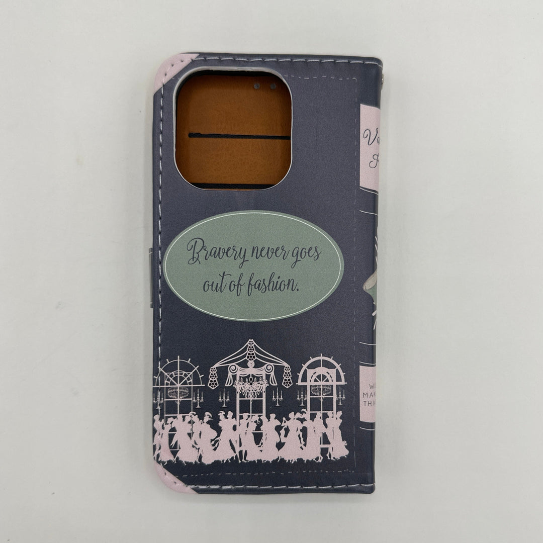 The back cover of a book-shaped phone case inspired by Vanity Fair by William Makepeace Thackeray.