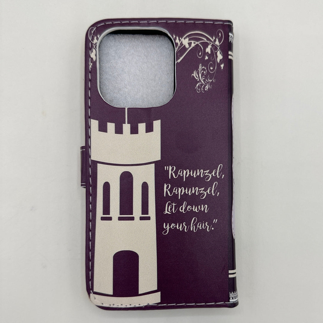 The back cover of a book-shaped phone case inspired by Rapunzel by The Brothers Grimm.