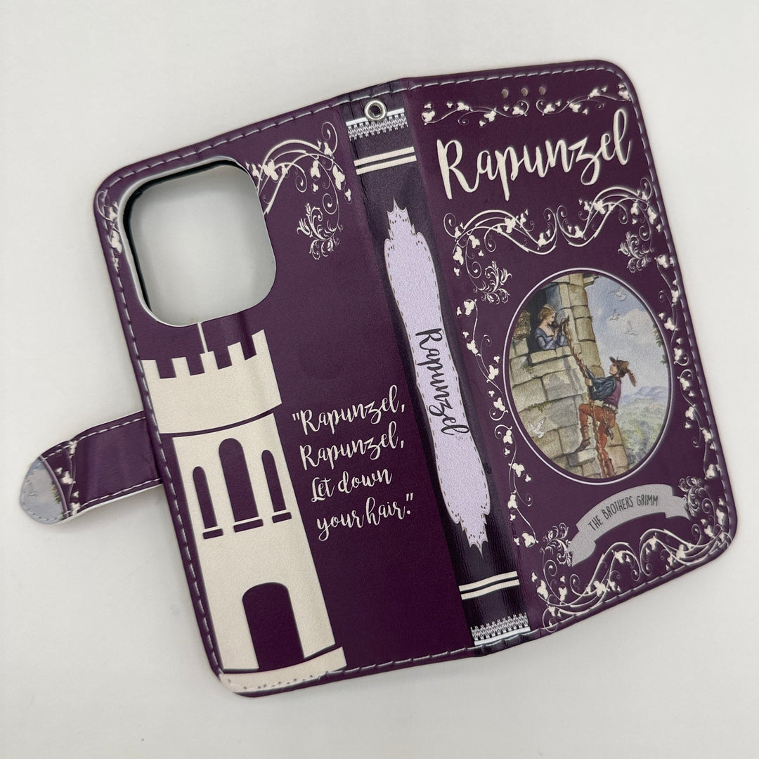 The front and back cover of a book-shaped phone case inspired by Rapunzel by The Brothers Grimm.