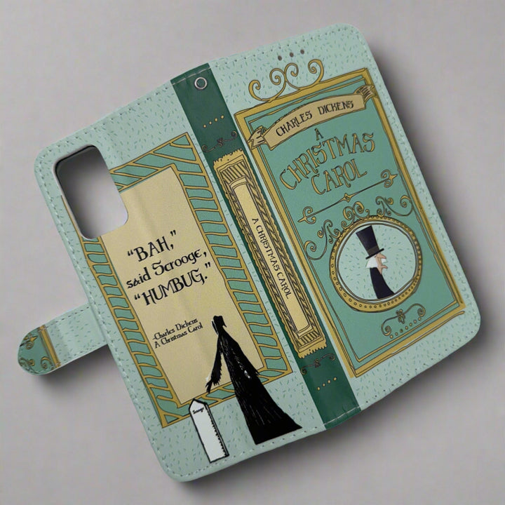 The front and back cover of a phone case featuring A Christmas Carol by Charles Dickens.