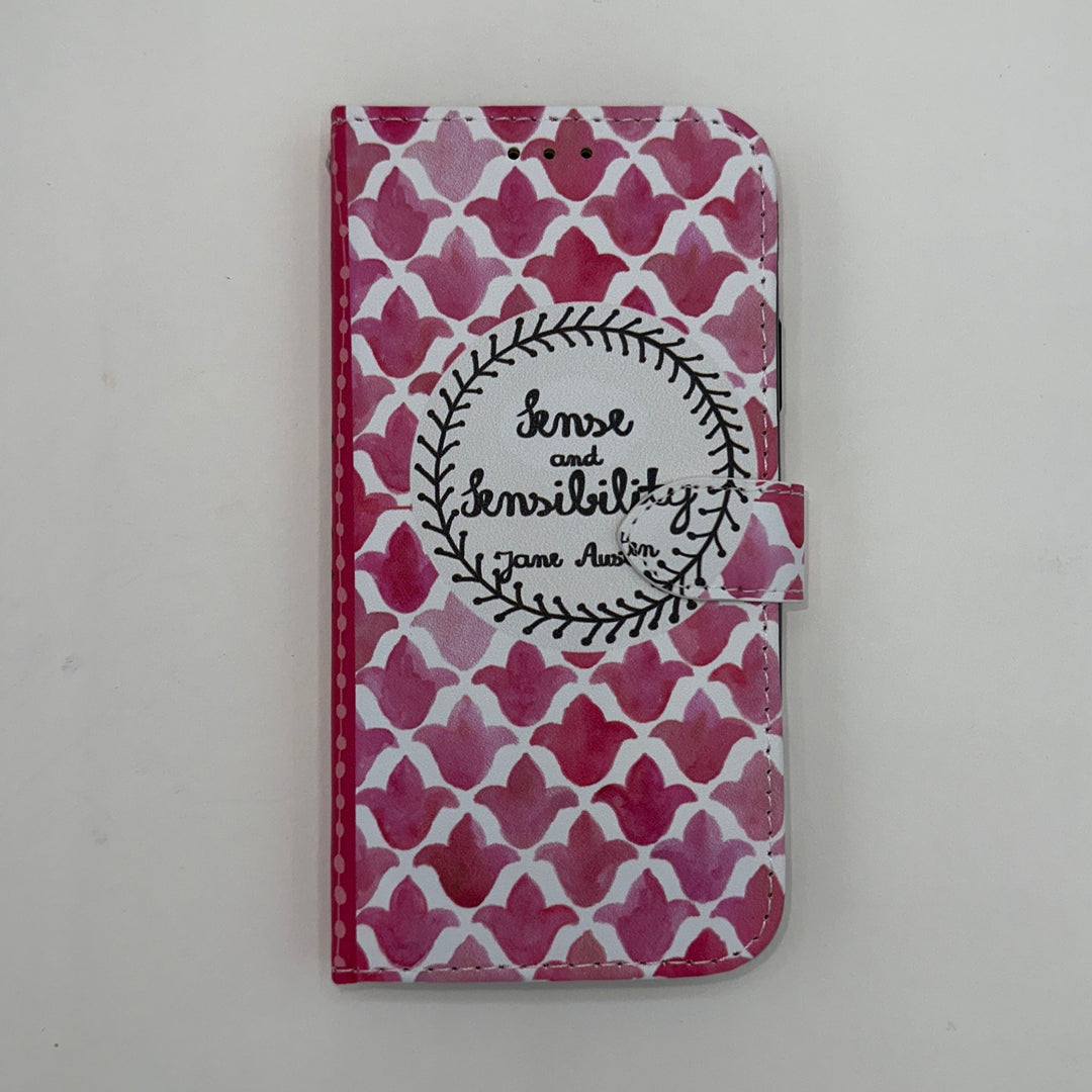 The front cover of a book-shaped phone case inspired by Sense and Sensibility by Jane Austen.