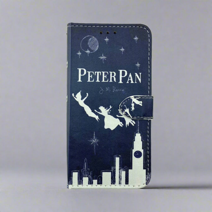 The front cover of a book-shaped phone case inspired by Peter Pan by J.M. Barrie.