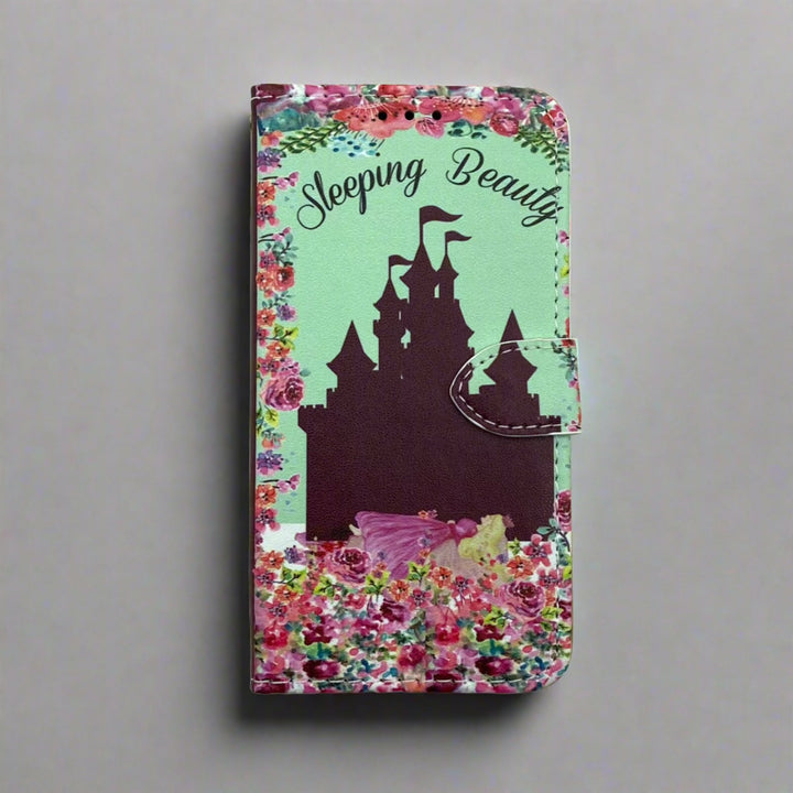 The front cover of a book-shaped phone case inspired by Sleeping Beauty.