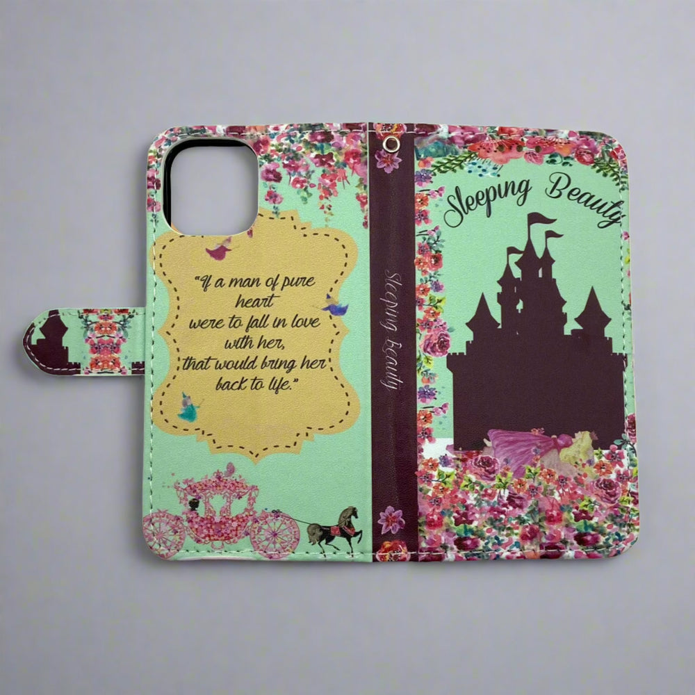 The front and back cover of a book-shaped phone case inspired by Sleeping Beauty.