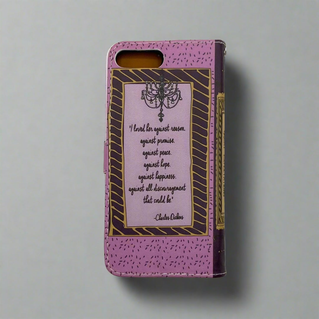 The back of a phone case inspired by Great Expectations by Charles Dickens.