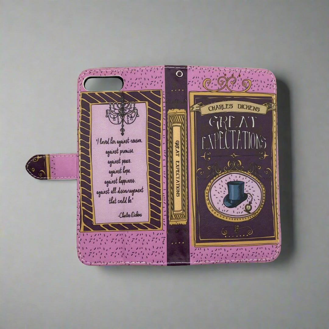 The front and back of a phone case inspired by Great Expectations by Charles Dickens.