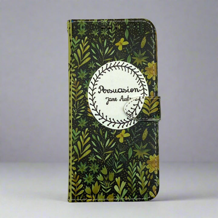 The front cover of a book-shaped phone case inspired by Persuasion by Jane Austen.