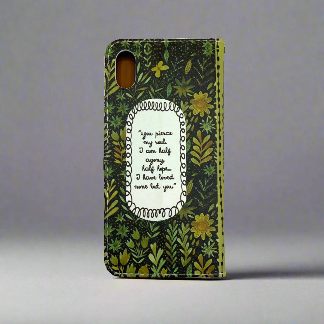 The back cover of a book-shaped phone case inspired by Persuasion by Jane Austen.