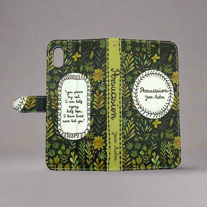 The front and back cover of a book-shaped phone case inspired by Persuasion by Jane Austen.