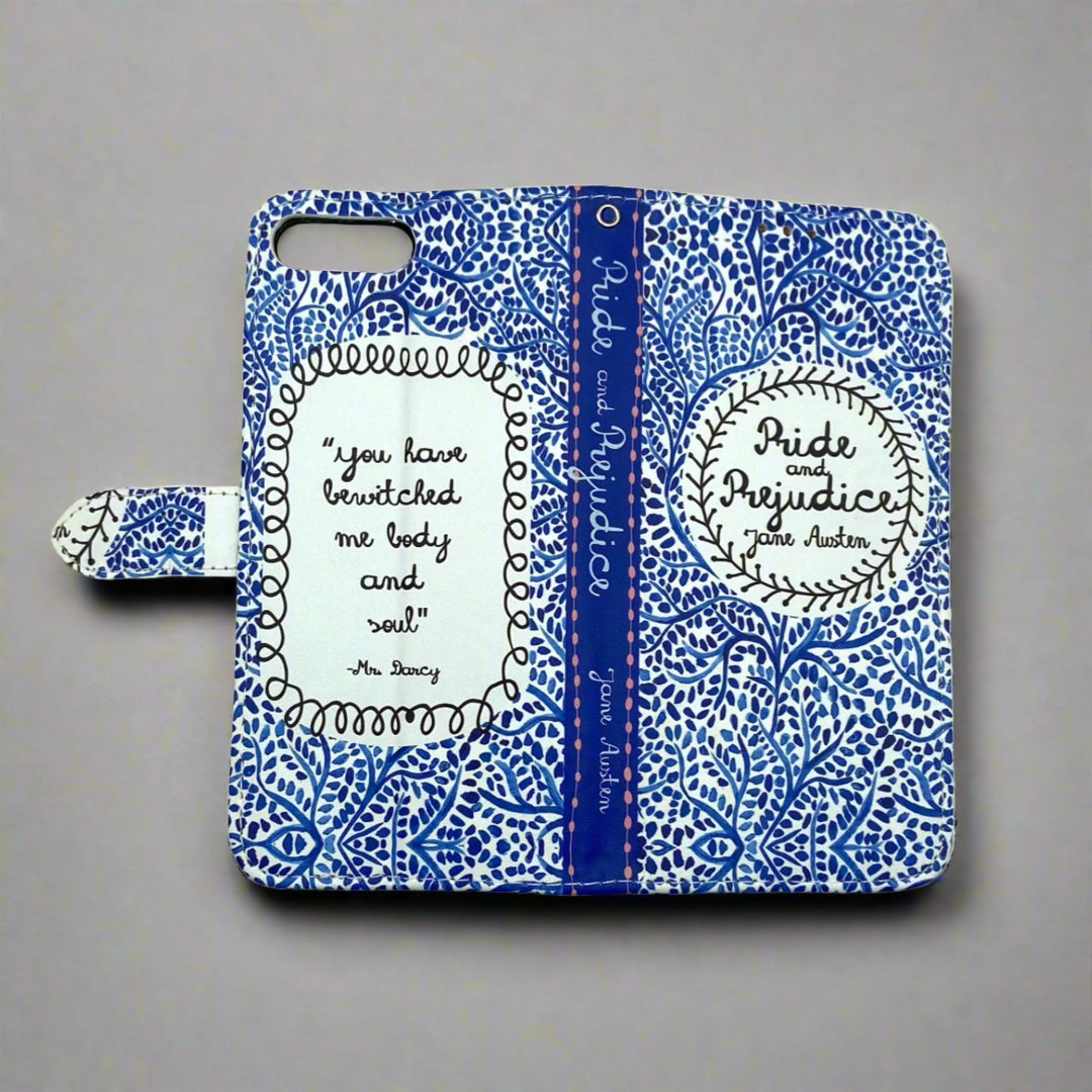 The front and back cover of a book-shaped phone case inspired by Pride and Prejudice by Jane Austen.