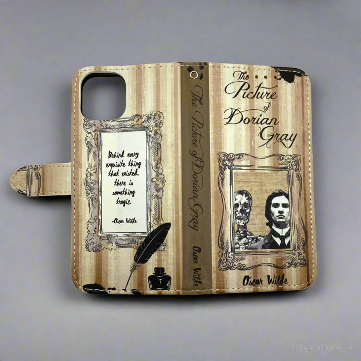 The front and back of a book-shaped phone case inspired by The Picture of Dorian Gray by Oscar Wilde.